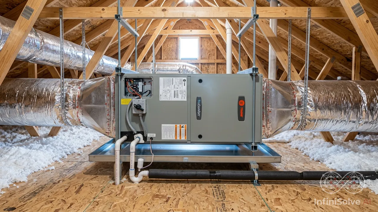 Brand new modern HVAC air handler unit installed horizontally in a clean Texas residential attic