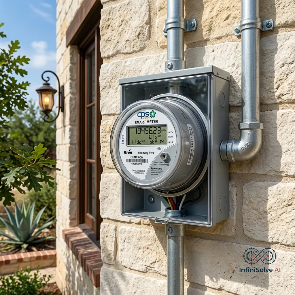 CPS Energy digital smart electric meter displaying kWh usage on San Antonio limestone home wall