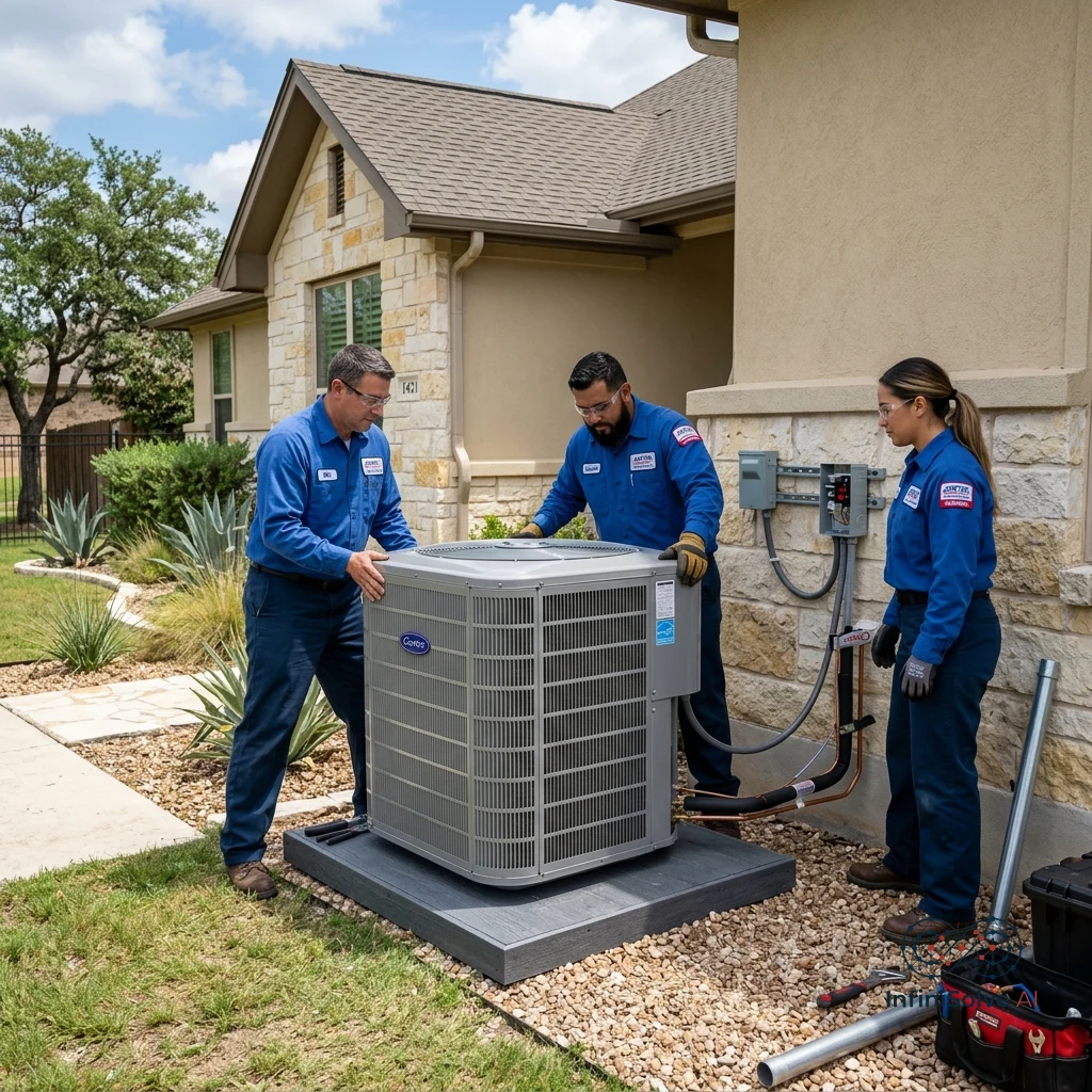 Licensed HVAC installation team positioning condenser on pad