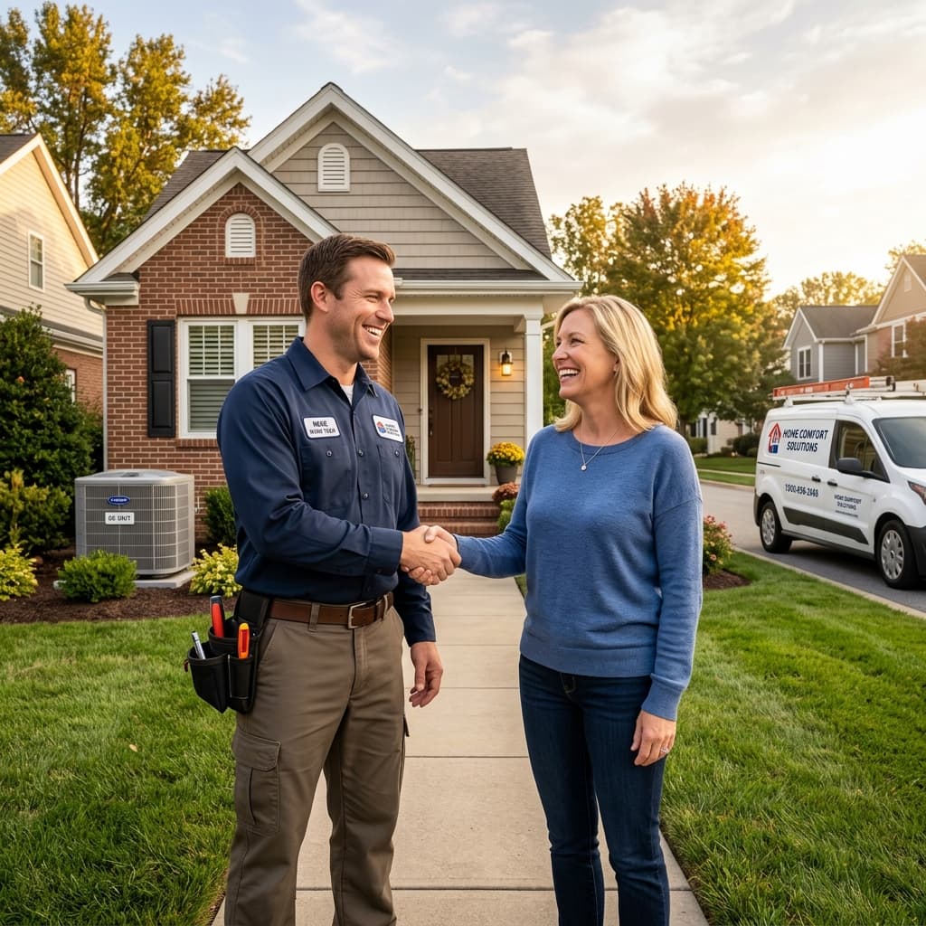HVAC Technician Shaking Hands with Homeowner