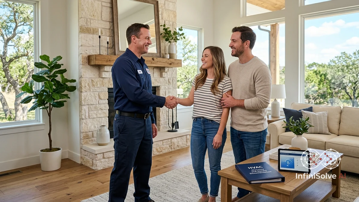 Homeowner couple shaking hands with HVAC specialist receiving rebate documentation