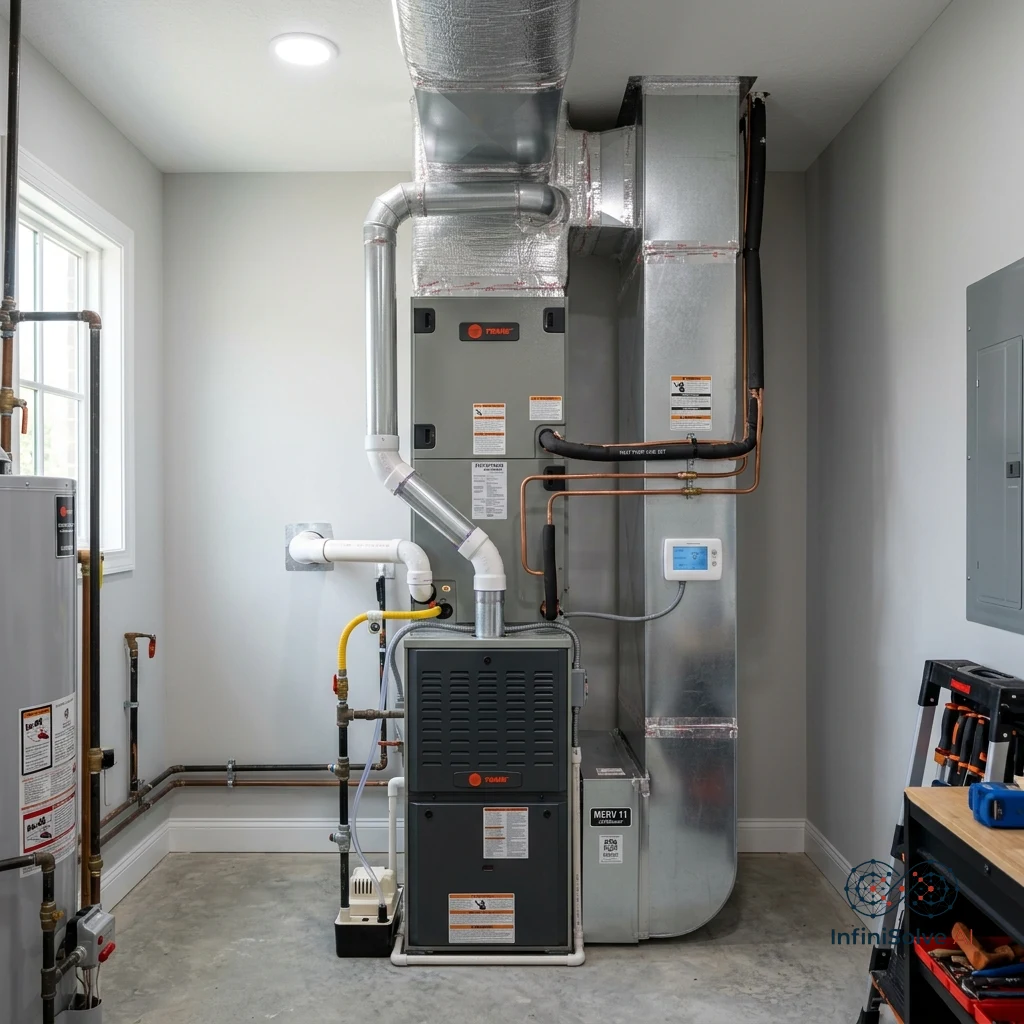 Modern dual-fuel hybrid HVAC system in a clean indoor utility room
