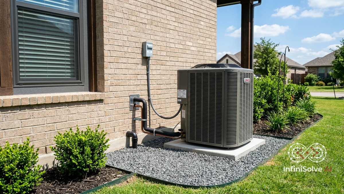 High efficiency 3-ton central AC condenser unit installed outside modern brick home in San Antonio Texas