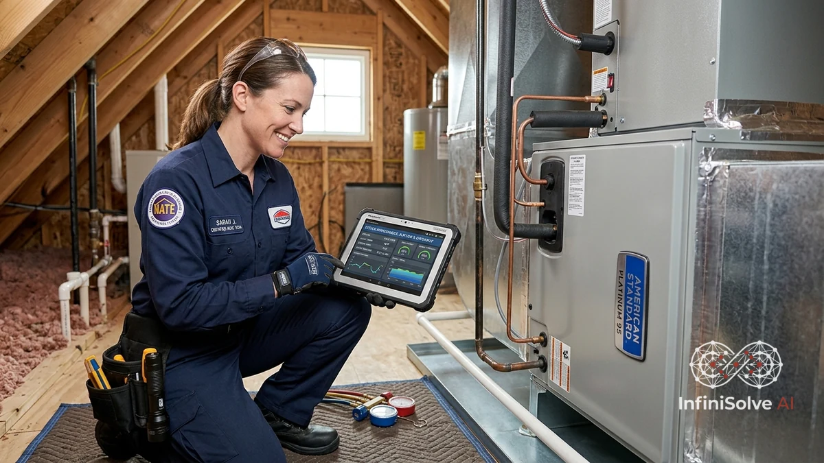 Certified HVAC technician using digital diagnostic tablet to verify SEER2 efficiency and airflow metrics