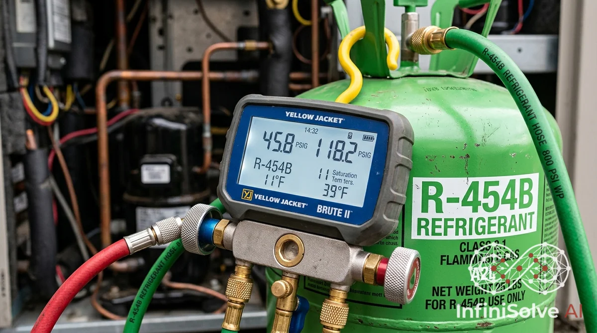 Professional HVAC manifold gauges showing R-454B pressure readings